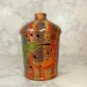 Costa Rican Handmade Multi-Colored Brushed Candle Holder, Collectable Pottery